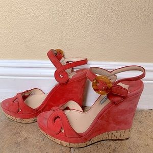 Prada Wedge Platform Sandal Suede/Cork in Coral color sz 37.5